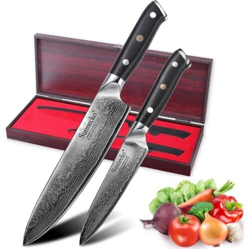 2019 New SUNNECKO Premium 2PCS Damascus Chef Utility Knife Set Japanese VG10 Steel Blade G10 Handle Kitchen Knives with Gift Box