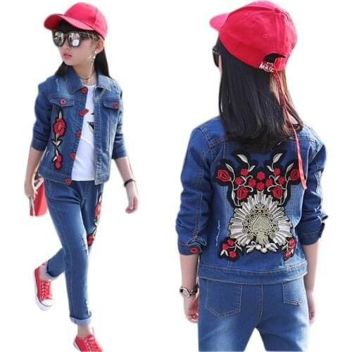New Baby Girl Clothes 10 12 14 Years Girls Clothing Set Denim Jacket + Jeans 2pcs Flower Girl Suit Cotton Casual Girls Outfits