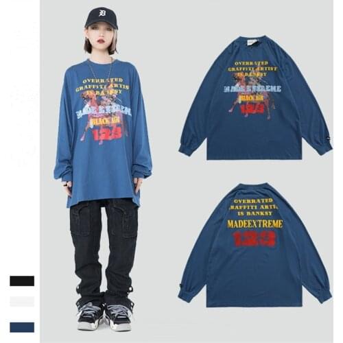 Autumn and Winter Long Sleeved T-shirt Unisex O-Neck Hoodies Streetwear Fashion Print Washed 100% CottonPullover Sweatshirts Men