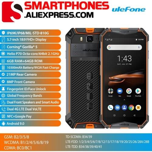 Ulefone Armor 3W 5.7inch Android 9.0 Mobile Phone 6GB 64GB 10300mAh Big battery 21MP Helio P70 Octa Core Dual SIM Smartphone