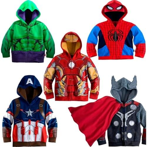 Marvel Sweatshirt Hulk Spider-Man Captain America Avengers Sweater Cartoon Top Zipper Hoodie Childrens Clothes