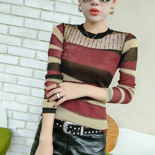 Tops Women 2021 Spring Autumn New O-Neck Gauze Slim Blouse Women Striped Long Sleeve Blouses Femme Korean All-match Base Shirt