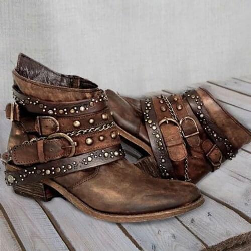 Women ankle boots low heels shoes vintage PU leather gladiator booties rivets buckle deco woman mujer zapatos botas mujer Fad