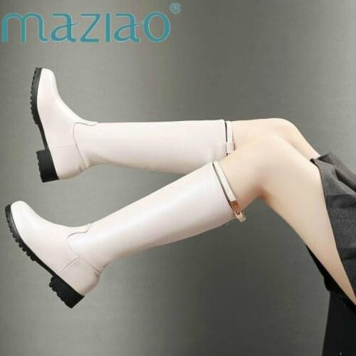 Women Motorcycle Boots Fashion Thick Med Heel Knee High Boots Side Zipper Autumn Winter casual Women Shoes Beige Black MAZIAO