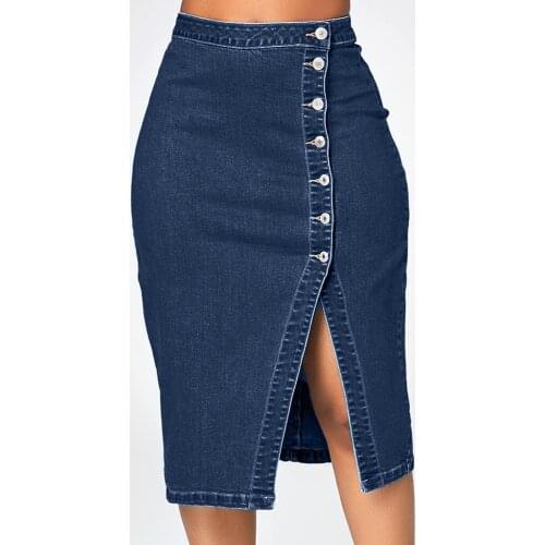 Skirts Womens 2021 Korean Fashion Denim Pencil Skirt Ed Black Buttton Skirt Blow Knee Harajuku Sexy Blue Jeans Skirts Юбки