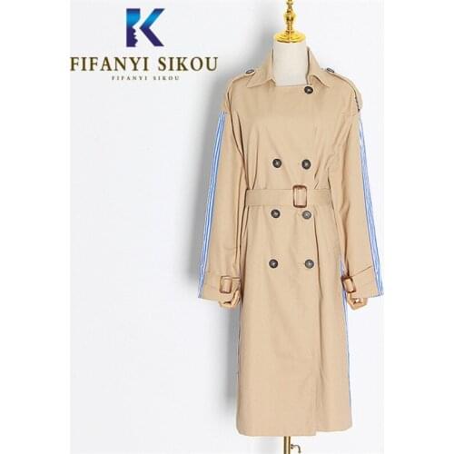 Fashion Patchwork Stripe Women Trench coat Double Breasted Lapel Casual Long Trench coat Lady Loose Windbreaker 2020 Autumn New