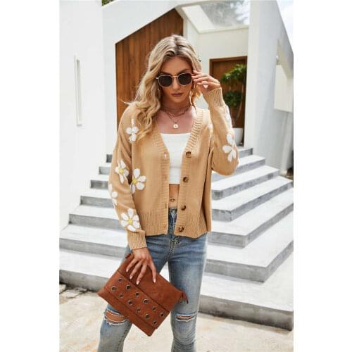 Women Casual Flower Printed Cardigan Long Sleeve V neck Single Breasted High Street Coat 2021 Winter New Fashion Cardigan