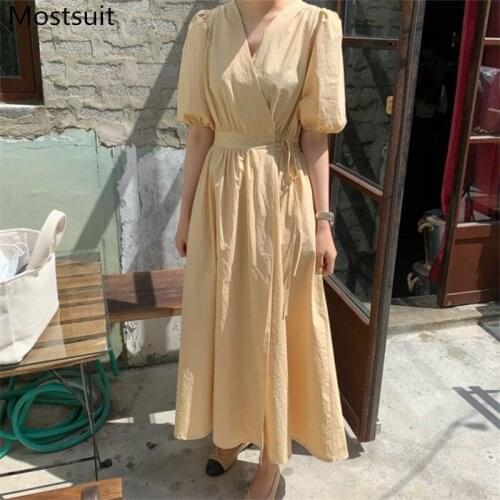 Korean Vintage One-piece Belted Women Long Dress Summer Puff Sleeve V-neck Pleated Dresses Elegant Stylish Ladies Vestidos 2021
