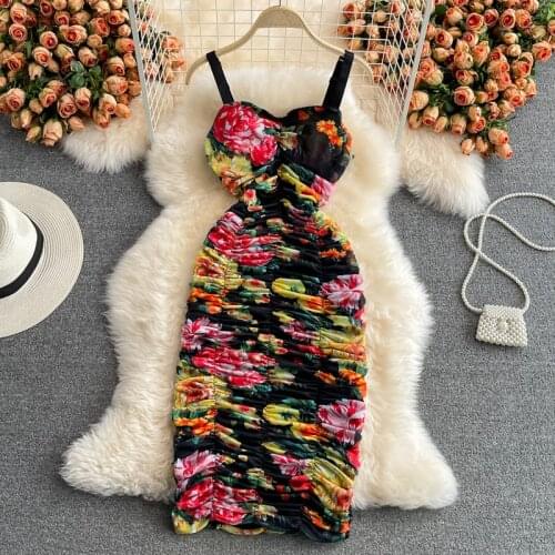 Lady Elegant Flower Print Sexy Sling Dress Vintage Women Summer New Folds Slim Wrap Hip Spaghetti Strap Dresses Female Party