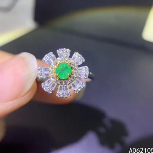 925 pure silver Chinese style natural Emerald womens fresh exquisite flower adjustable gem ring fine jewelry support detection
