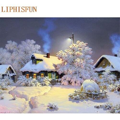 Diamond Painting Cross Stitch Full Square Round Picture of Rhinestone DIY Mosaic Embroidery Snow Cottage New Year Gift