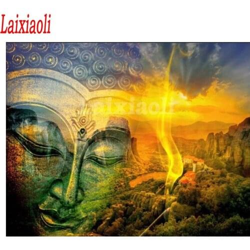 5D Diy Diamond Painting yellow Buddha Statue with Abstract landscape Painting By Numbers Cross Stitch Full Square Round stones