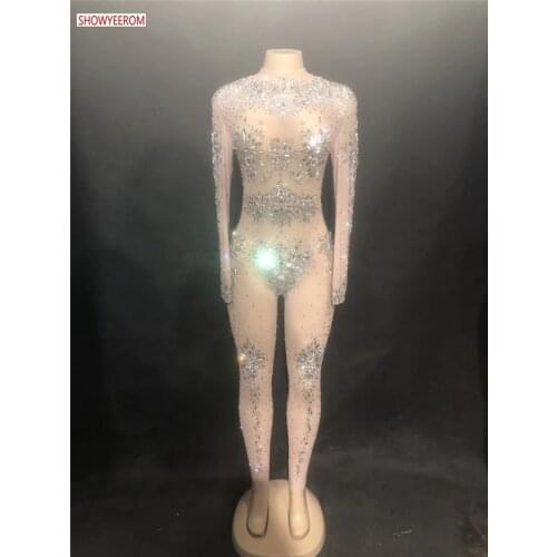 Sparkly Crystals Nude Jumpsuit Stretch Stones Outfit Celebrate Bright Rhinestones Bodysuit Costume Female Singer Birthday Dress