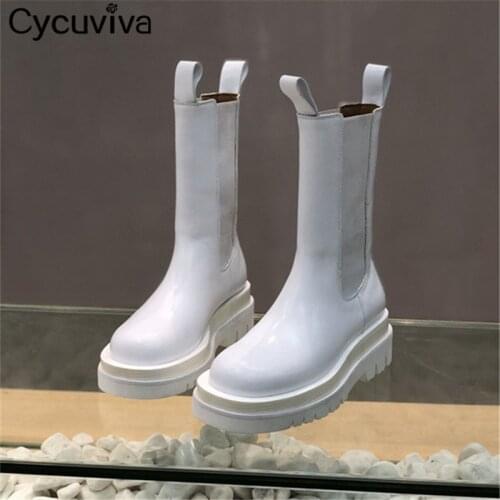 Thick Sole Platform Chelsea Ankle Books For Women White Leather Flat Knight Boots Ladies Winter Casual Shoes Cowboy Short Boots