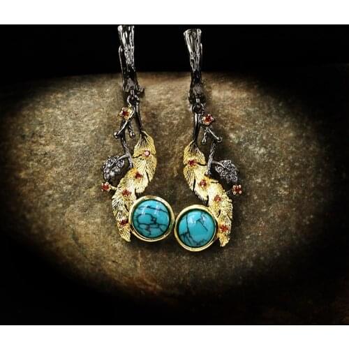 CHARLINLIOL Black Gold Dangler Earrings for Women Luxury Turquoise Stone 925 Silver Long Earring Retro Costume Jewelry