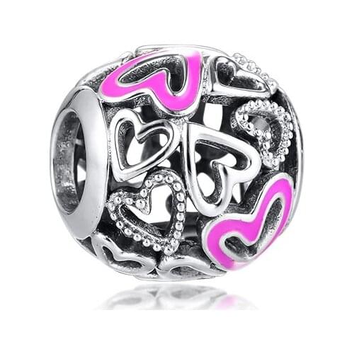 CKK Silver 925 Jewelry Pink Openwork Freehand Heart Charm Fits Original Bracelets Sterling Silver Beads