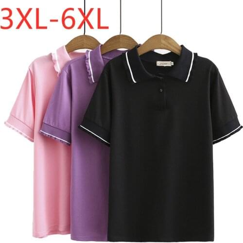 New 2021 Ladies Summer Plus Size Tops For Women Large Short Sleeve Loose Cotton Lace Black Pink Lapel T-Shirt 3XL 4XL 5XL 6XL