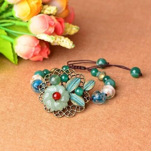 Green Jade Stone Jadeite Emerald Flower Bracelet Charm Jewellery Fashion Accessories Chinese Carved Amulet Gifts for Women Her
