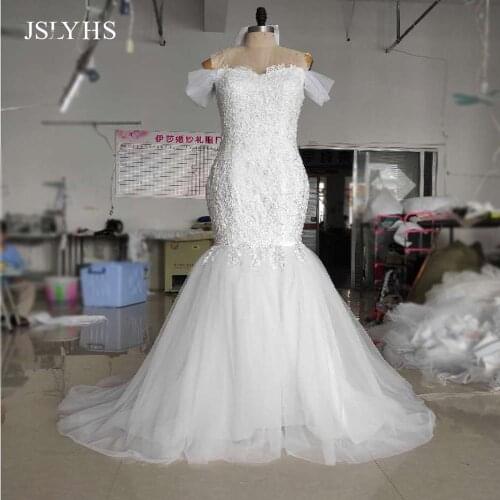 JSLYHS high quality lace merimaid wedding dress slim one-shouldered trailing bride wedding gown beige white can be customized