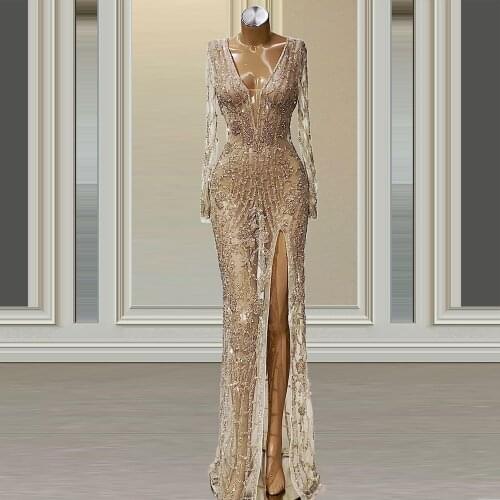 Lowime Luxury Crystals Beaded Dubai Evening Dress Long Sleeves Illusion V Neck Wedding Party Gowns Split Side Plus Size Dresses