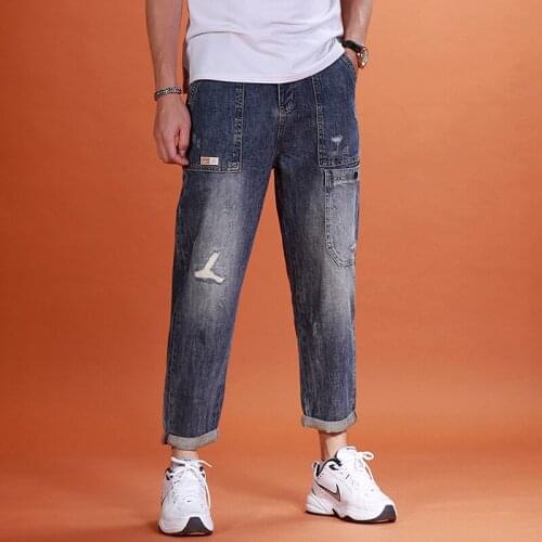 Men Baggy Jeans 2021 Summer Ripped Blue Cotton Straight Pants Hip Hop Streetwear Big Pocket Loose Denim Trousers