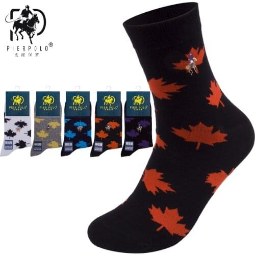High Quality Brand PIER POLO New Maple Leaf Socks Fashion Casual Cotton Crew Socks Business Embroidery Autumn Winter Mens Socks
