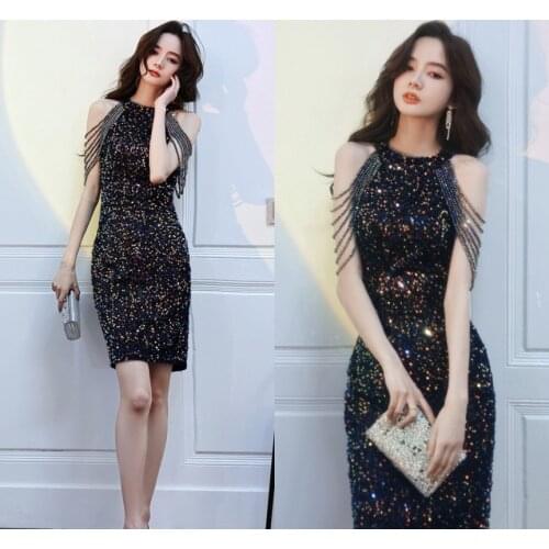 New Short Prom Dresses 2021 Sexy Off the Shoulder Crystal Sequins Evening Party Gown Black/Champagne Robe De Soirée De Mariage