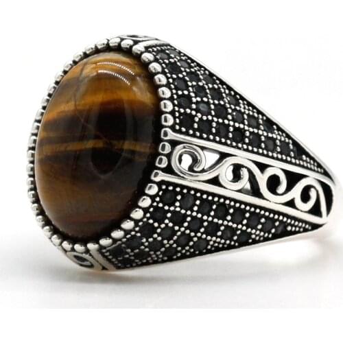 New Natural Tiger Eyes Stone Men Ring 925 Sterling Silver Vintage Black CZ Turkish Rings as Male Women Thai Silver Jewelry Gift