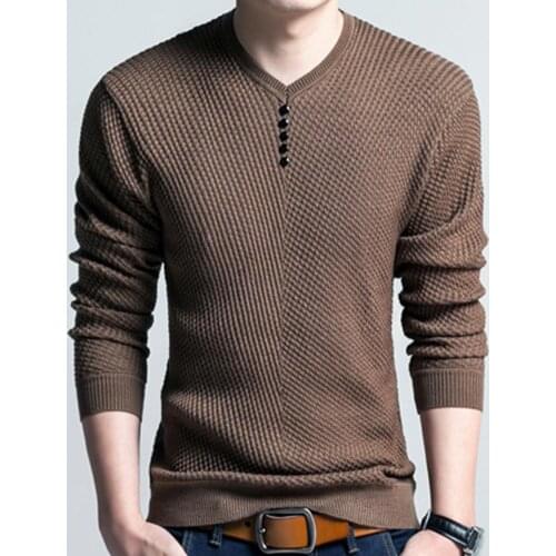 Autumn Winter Solid Color Clothing Men Sweater Chic Men Solid Color V Neck Long Sleeve Pullover Slim-Fit Knitted Sweater Blouse