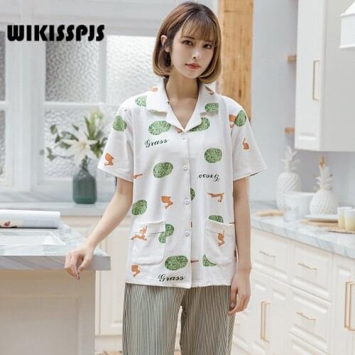 WIKISSPJS Short Sleeve Trousers Lapel Short Sleeve Pajamas Womens Pocket Cardigan Home Suit Sleepwear Loungewear Bedroom Set