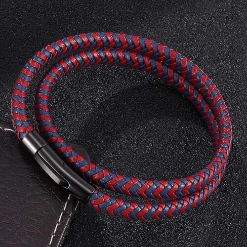 Fashion Double Layer Bracelets Men Women Stainless Steel Snaps Blue Red Leather Mix Braided Jewelry Accessories Gifts ST0495