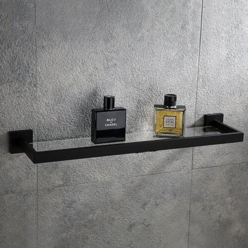 Stainless Steel Glass Shelf Bath Storage Rack 50cm Sinple Towel Rack Bathroom Accessories Shower Caddy Black Floating Shelf