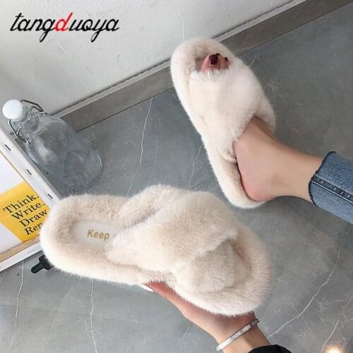 Furry slides Spring autumn Plush Slippers Womens Winter Home Furry Ears Indoor Slippers Sapato Feminino Shoes Women