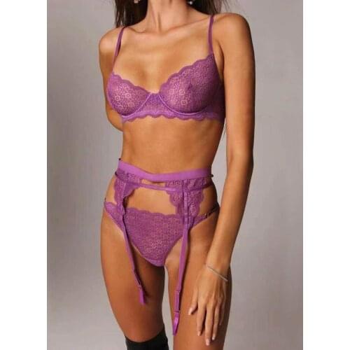 Sexy thin lace thong open crotch three-piece set bralette underwire garter belt t-pants temptation anti-sagging lingerie set