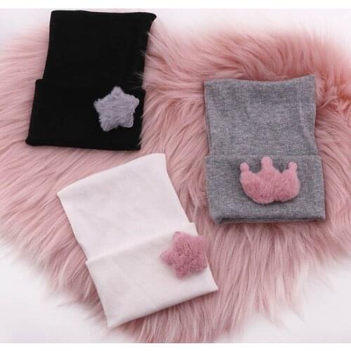 Newborn Baby Girls Fur Star White Cotton Knit Beanie Hat 2021 Soft Spring Baby Boy Fur Crown Stuff Hair Accessories Bonnet Caps