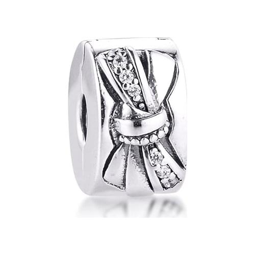 Charms 925 Silver Original Fit Pandora Bracelets Sterling Silver Shiny Bow Clip Charm Beads for diy Women Jewlry
