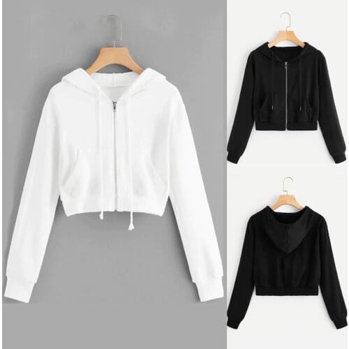 Hoodie Women Cropped Hoodies Sweatshirt Streetwear Women Casual Solid Long Sleeve Zipper Pocket Shirt Hooded Sweatshirt Tops