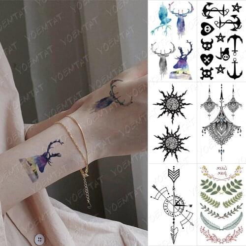 Waterproof Temporary Tattoo Deer Good Luck Arrow Compass Tatoo Sticker Leaf Ghost Anchor Body Art Hand Fake Tatto Women Men