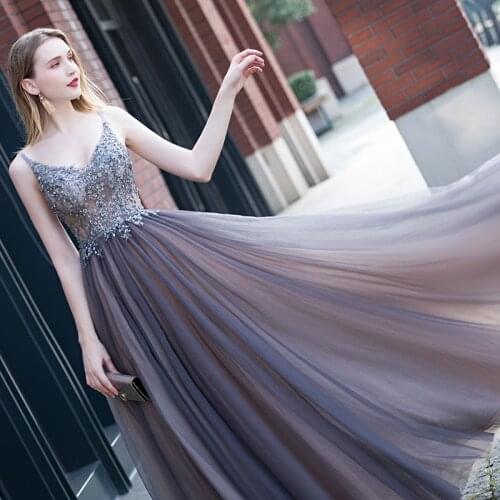 Beading Prom Dresses 2020 V neck High Split TulleSleeveless Evening Gown A-line Backless Vestido De