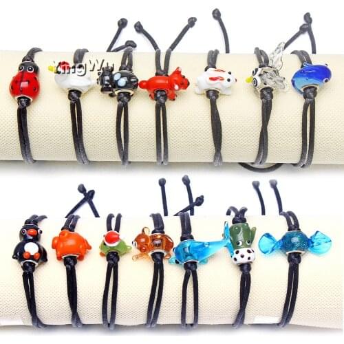 Yingwu Multicolor Mix Styles Lot 30pcs Handmade 3D Cute Animal Shaped Glass Beads Adjustable Rope Bracelets Children Jewelry