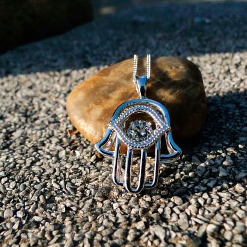 DJ CH Fine Jewelry Arab Lucky Hand of Fatima Charm Pendant 925 Sterling Silver Hamasa Hand Crystal CZ Pendant Lucky Gift Amulet