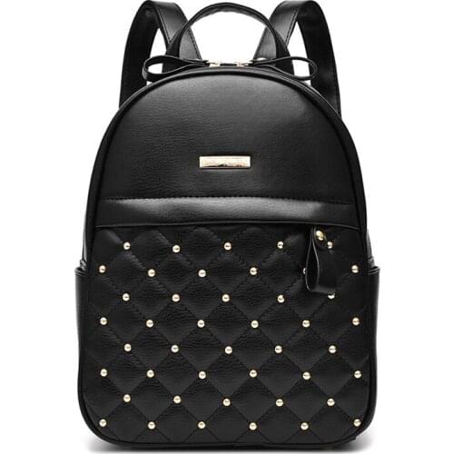 Women Beading Fashion Solid Small Pu Leather Backpacks 2021 Summer New Girl Student Book Travel Black Backpack Bags