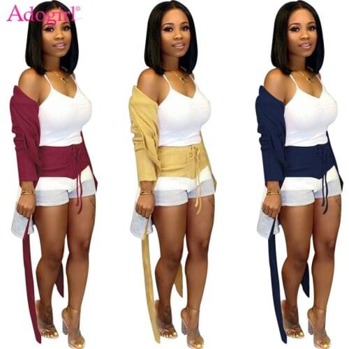 Adogirl Stripe Color Block Cashmere Two Piece Set S-3XL Long Sleeve Cardigan Coat with Sashes + Shorts Women Autumn Winter Suits