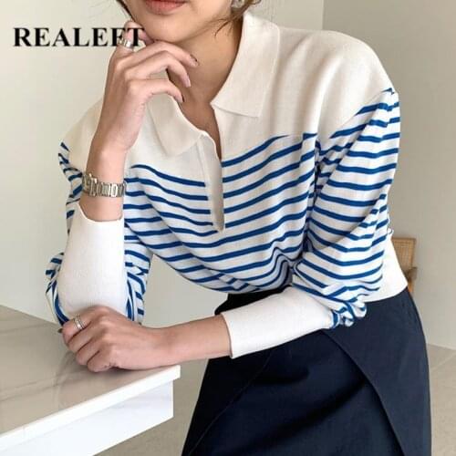 REALEFT Autumn Winter Stripes Womens Knitted Pullovers 2021 New Fashionable Long Sleeve Ladies Vintage Sweaters Female Tops
