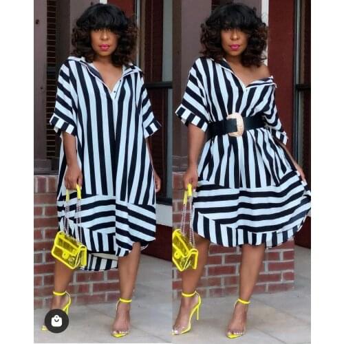 2021 Hot Sale Lady Shirt Dress Short Sleeves Lapel Neck Striped Print Casual Lady Knee Length Nightclub Dresses High Quality