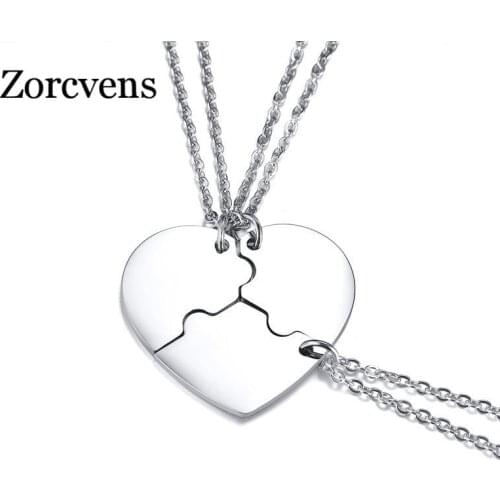 ZORCVENS 3pcs/set Silver Color Stainless Steel Heart Friendship Pendant for Women Best Friends Jewelry