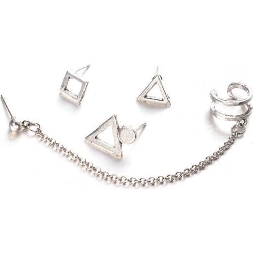12 Sets/Lot Silver Color Stud Earrings Set Hollow Double Circle Long Chain Ear Clip Triangle Square Earring Jewelry For Women