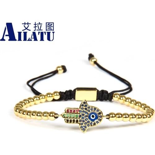 Ailatu Wholesale 10pcs/lot New Arrival Blue Eye Micro Pave CZ Hamsa Fatima Hand Macrame Bracelet for Nice Gift