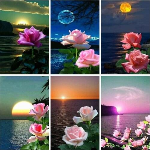 Huacan 5D Diamond Painting New Arrivals Rose Seaside Full Diamond Mosaic Embroidery Sunset Landscape Needlework Home Decor