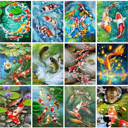 Huacan Diamond Painting Fish Carp Cross Stitch Full Drill Diamond Mosaic Pond Wall Decoration Handmade Gift